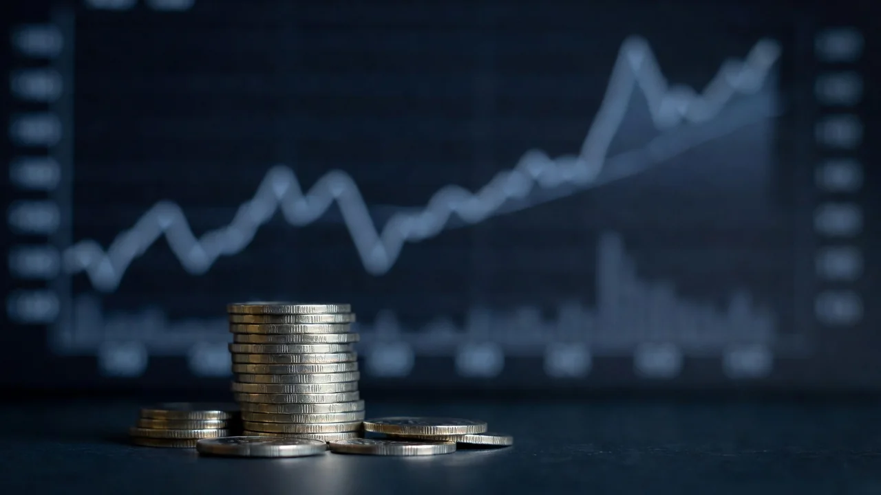 Monete argentate impilate con grafico di mercato sfocato sullo sfondo