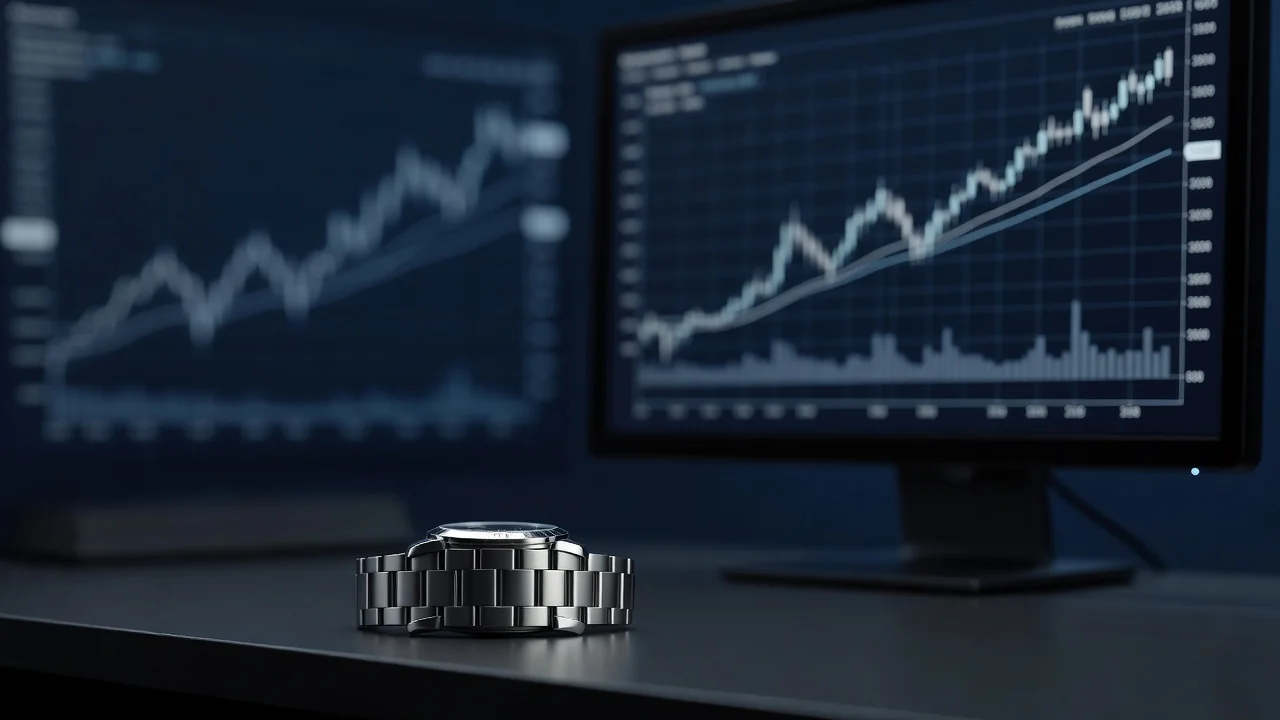 Orologio da polso metallico accanto a un monitor con grafici di mercato