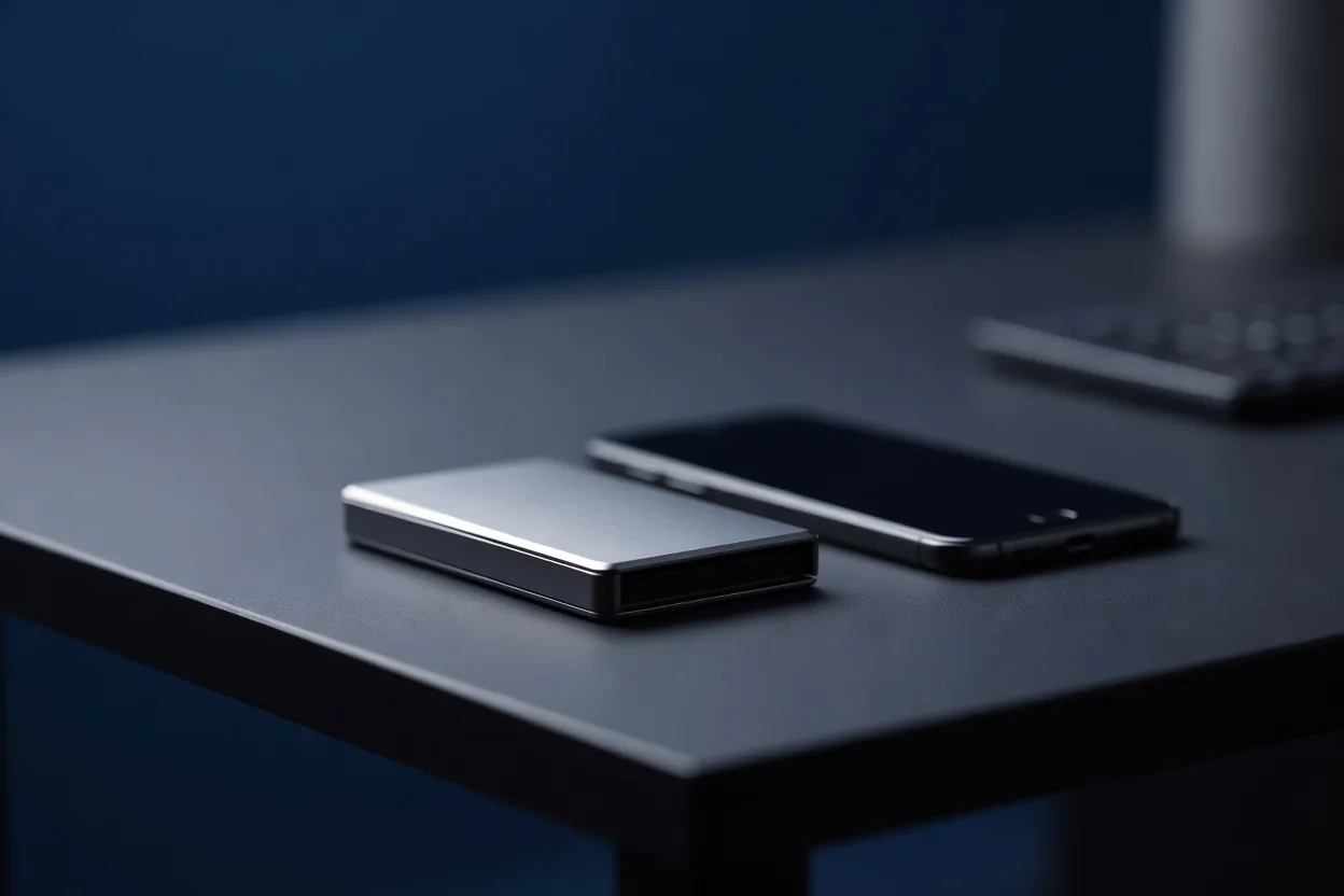 Wallet hardware metallico accanto a smartphone su scrivania scura