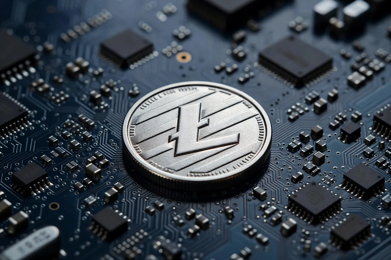 Moneta fisica argentata con il simbolo di Litecoin appoggiata su un circuito stampato
