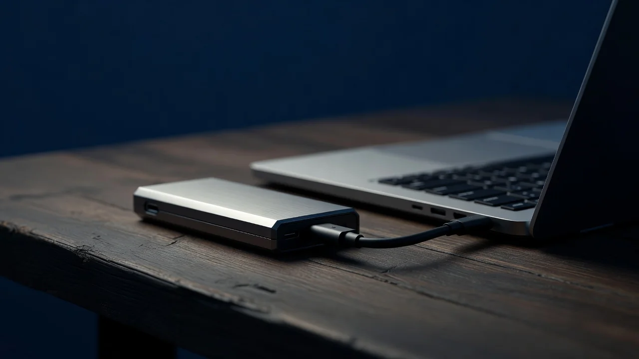 Wallet hardware metallico collegato a un laptop su scrivania in legno