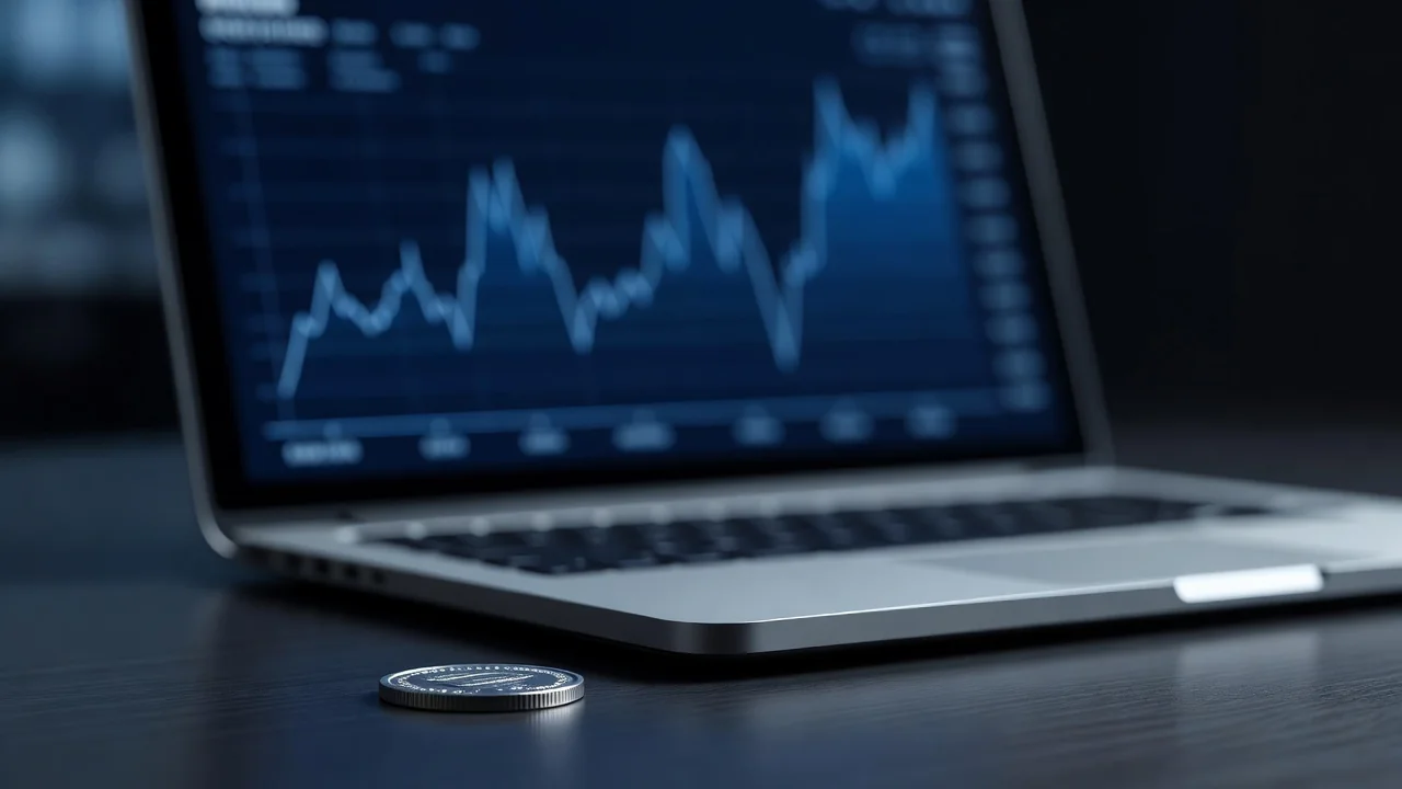 Schermo di laptop con grafico di mercato blu e moneta argentata in primo piano