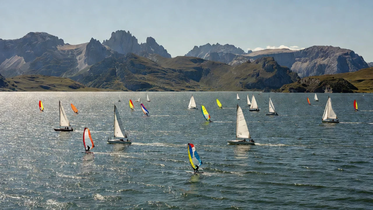 Il lago di Santa Croce nell'Alpago con vele e la cresta delle Dolomiti Bellunesi sullo sfondo