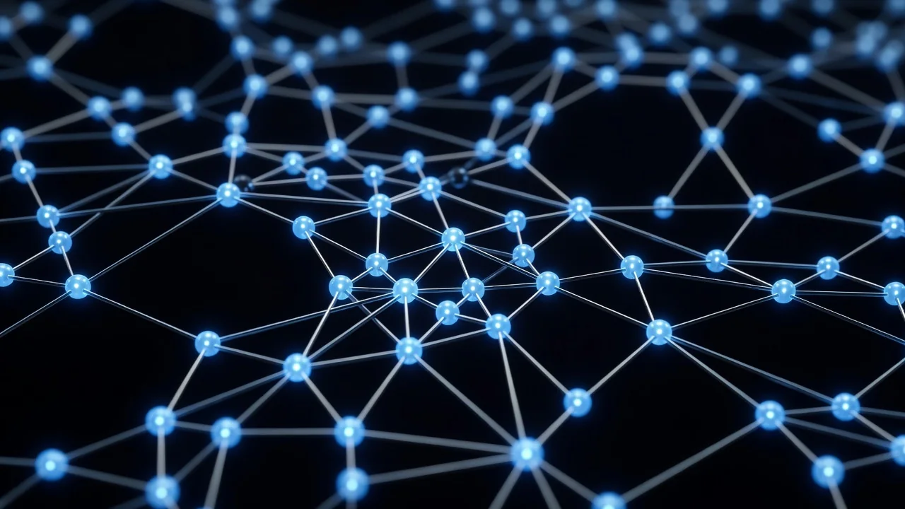 Grafico astratto di rete blockchain con nodi luminosi blu su sfondo scuro