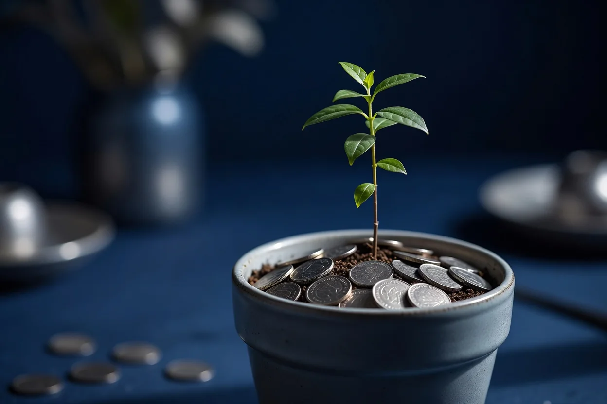 Albero giovane piantato in vaso con monete argentate alla base