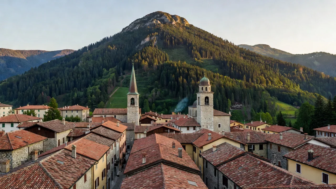 Tetti e campanili di Belluno con il profilo del Monte Serva sullo sfondo