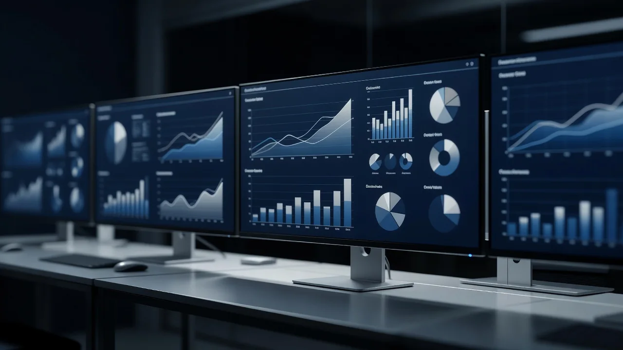 Cruscotto analitico con grafici su monitor in ufficio buio