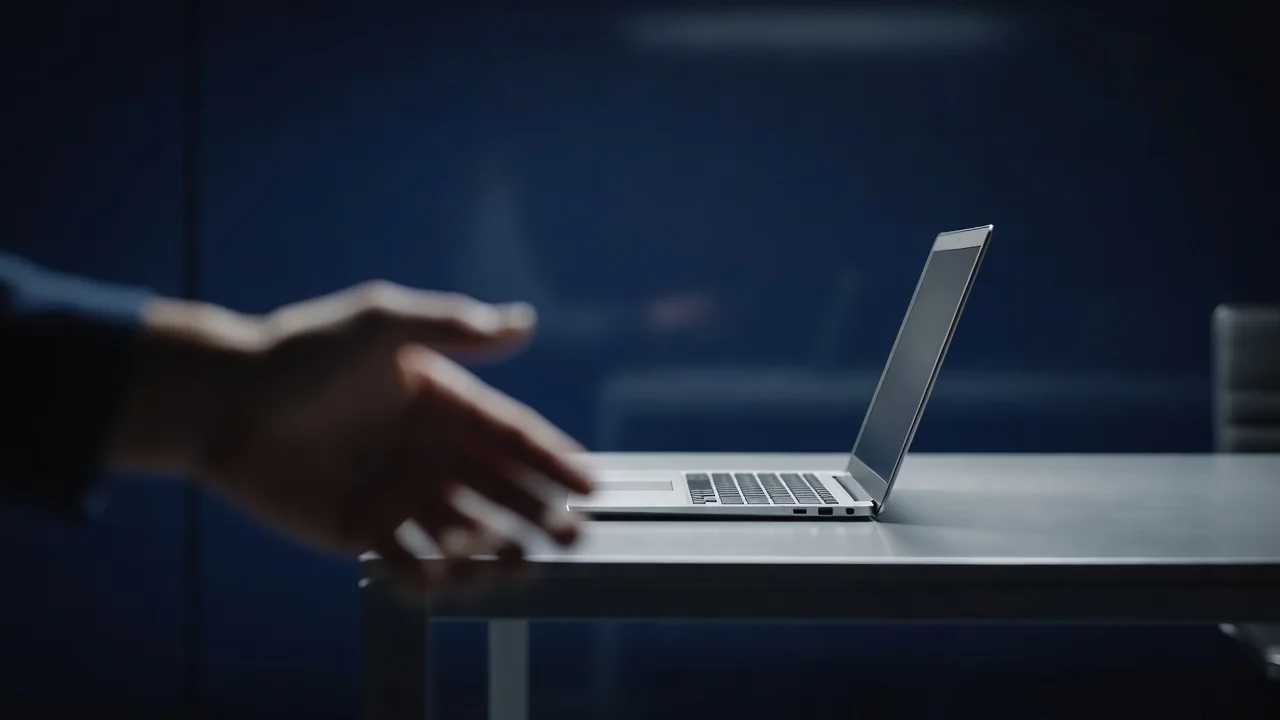 Stretta di mano sfocata sullo sfondo di un tavolo con laptop