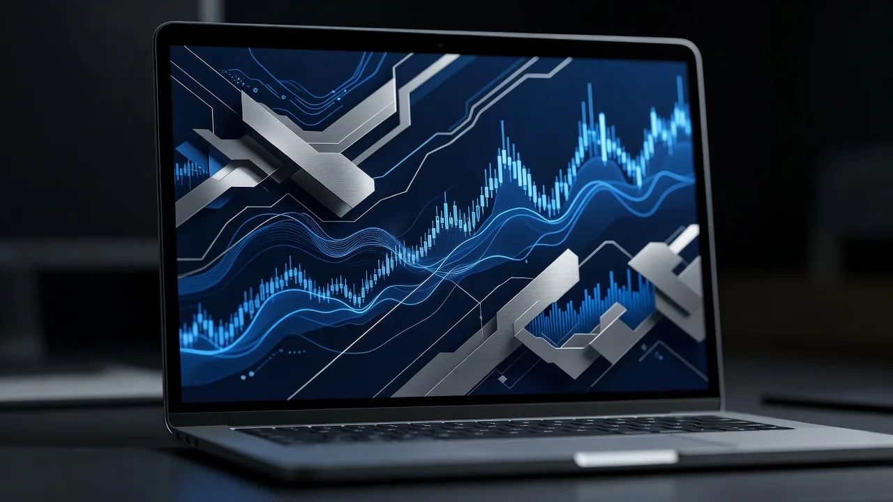 Schermo di laptop con interfaccia astratta di exchange e grafici blu