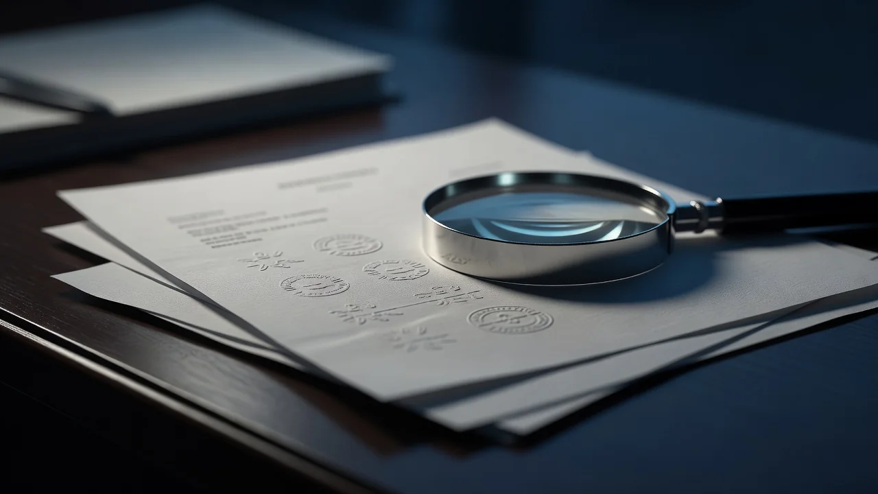Lente di ingrandimento su documenti con timbro di verifica
