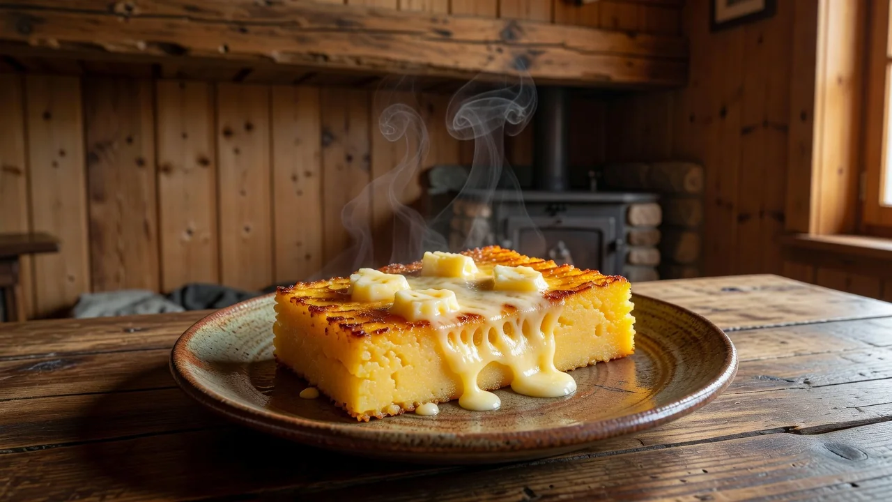 Piatto di polenta con schiz fuso in una stube di legno di montagna