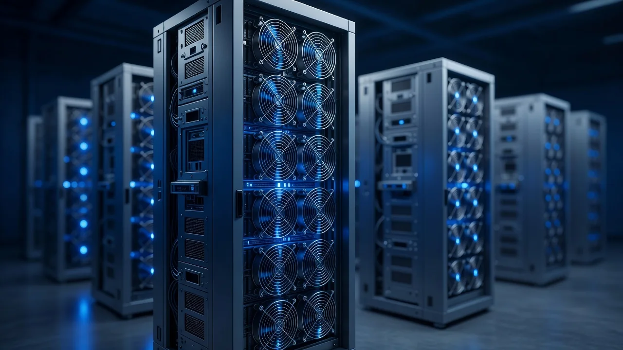 Server di mining con ventole illuminate di blu in un data center
