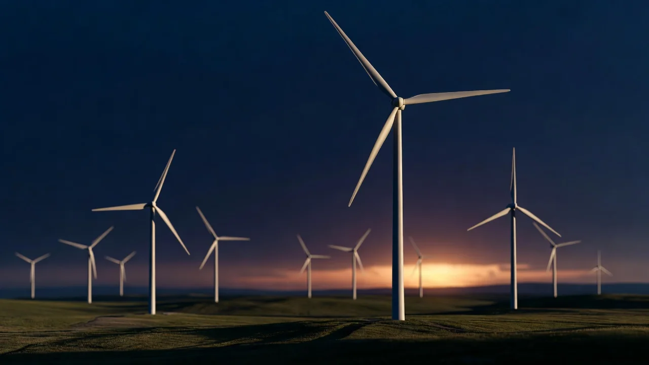 Turbine eoliche al tramonto con cielo blu intenso