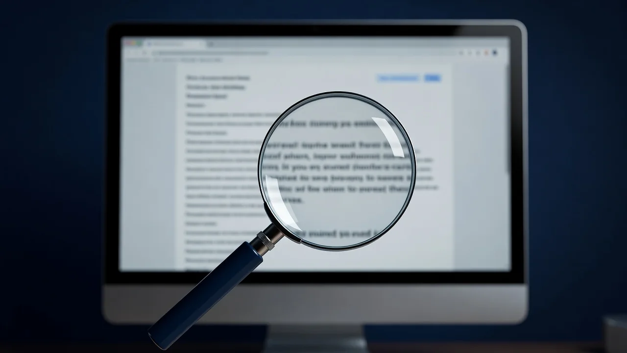 Email di phishing su schermo con lente di ingrandimento appoggiata