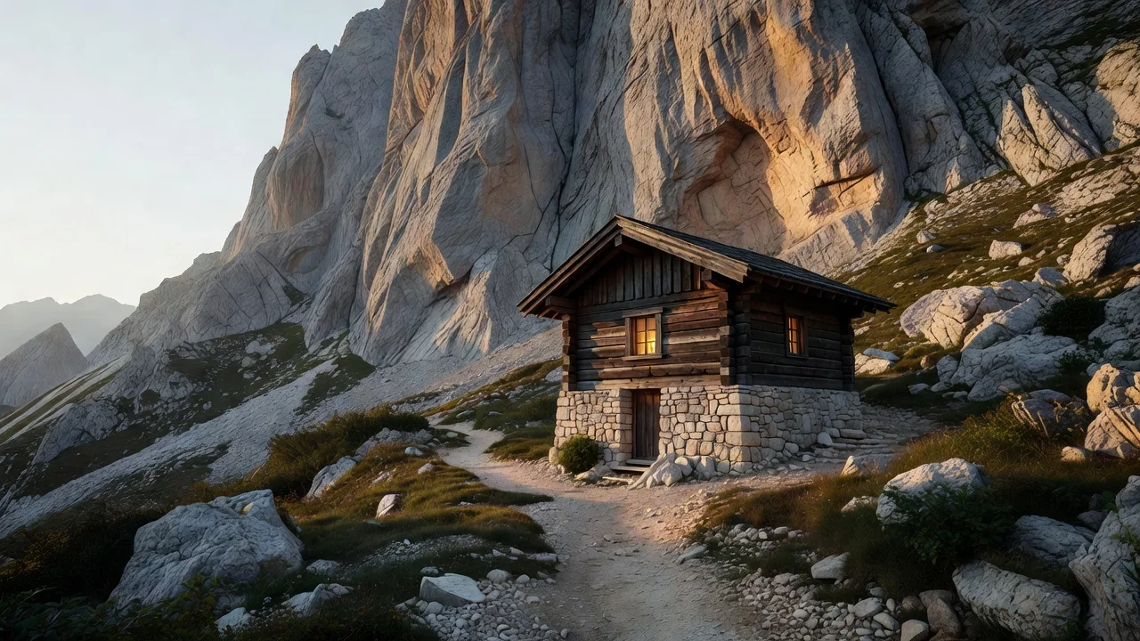 Rifugio alpino in legno e pietra sotto una bastionata dolomitica all'alba