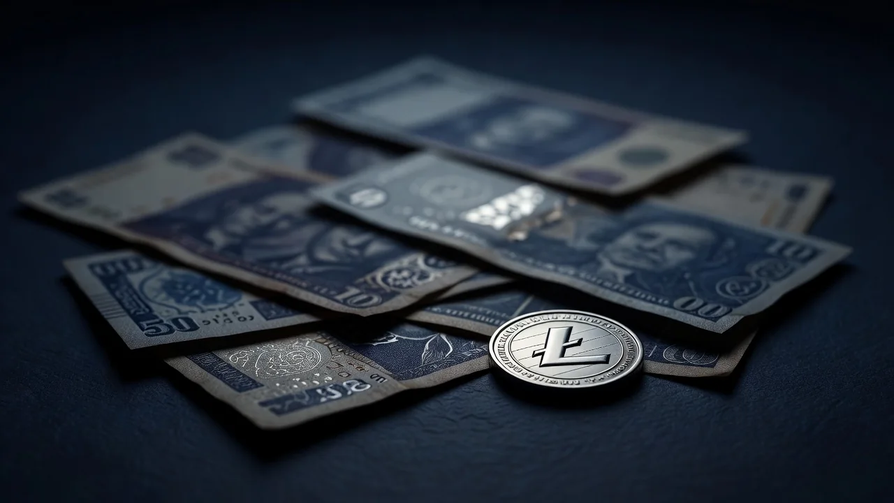 Banconote di valute diverse accanto a una moneta argentata con simbolo Litecoin