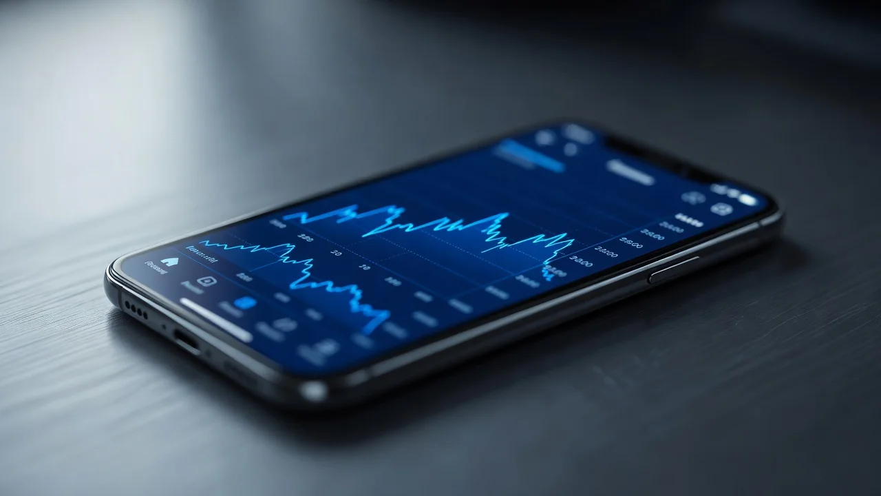 Schermo di smartphone con app di exchange aperta su un grafico blu