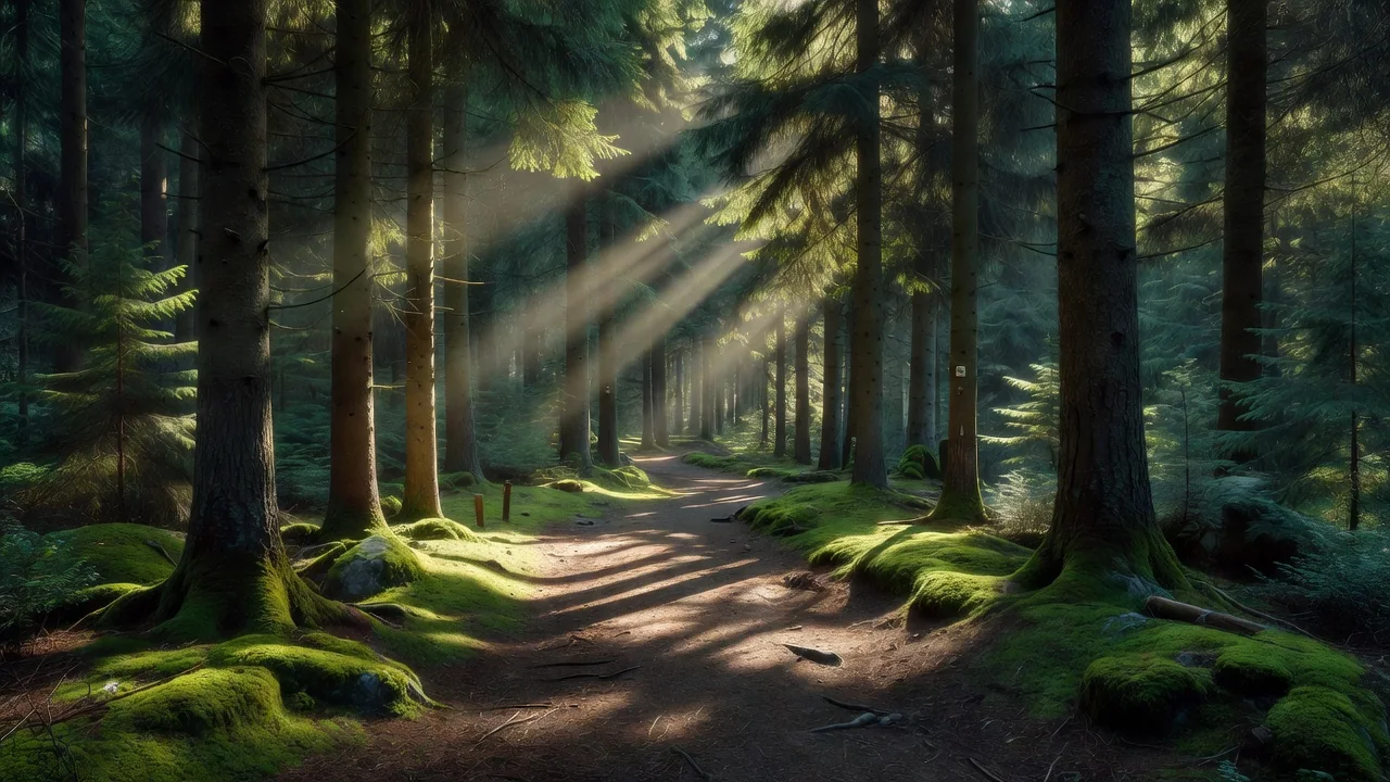 Sentiero pianeggiante nel bosco di abeti con luce filtrata tra gli alberi