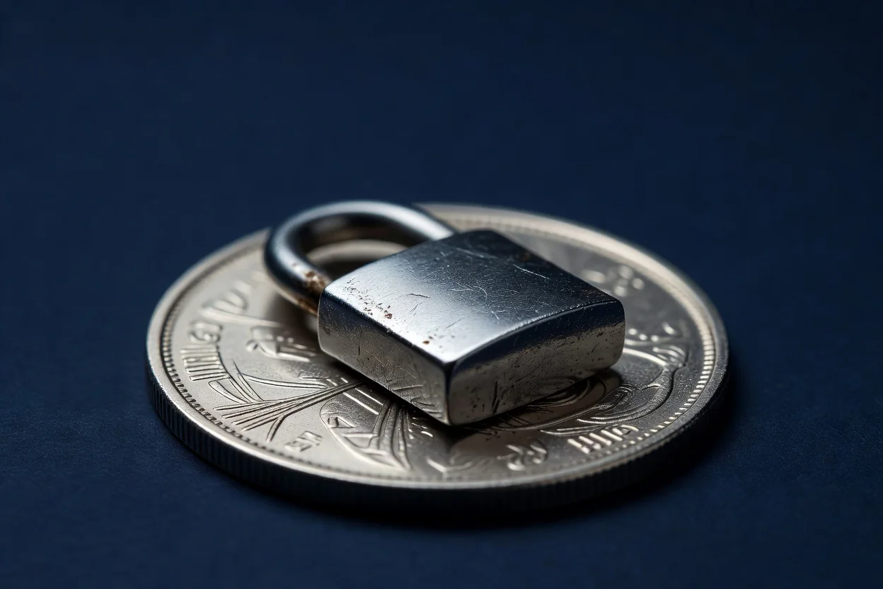 Lucchetto metallico appoggiato su una moneta argentata, sfondo blu scuro