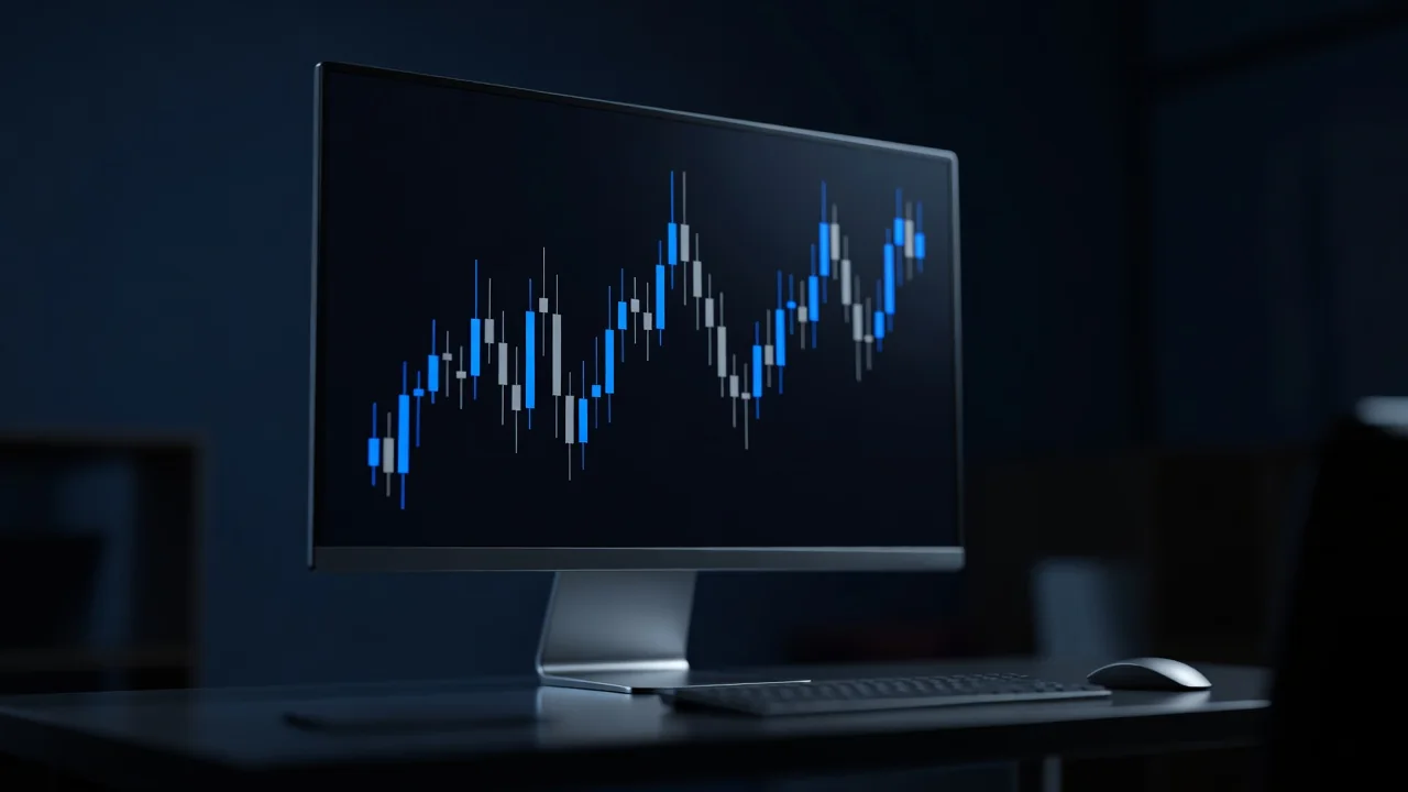 Monitor con grafico a candele blu e grigie in una stanza buia