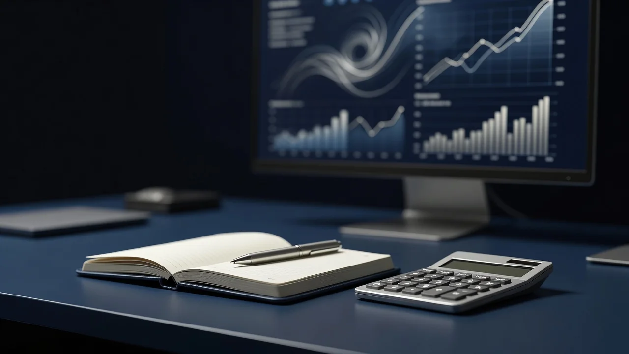 Taccuino con penna e calcolatrice accanto a monitor con grafici