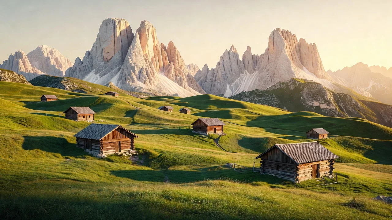 Pascoli verdi e bastionate dolomitiche della Val di Zoldo alla luce del tramonto