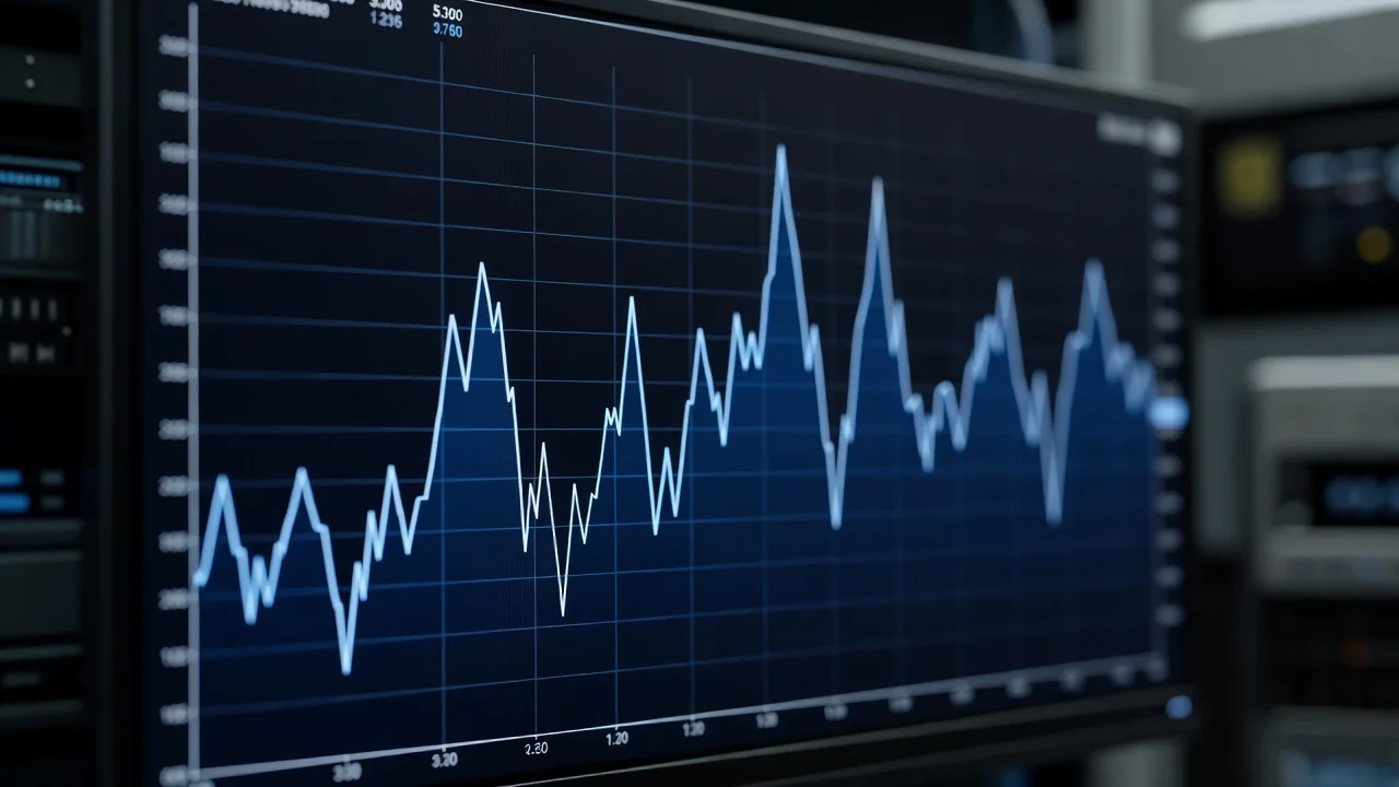 Grafico di mercato con forti oscillazioni su display, tonalità blu