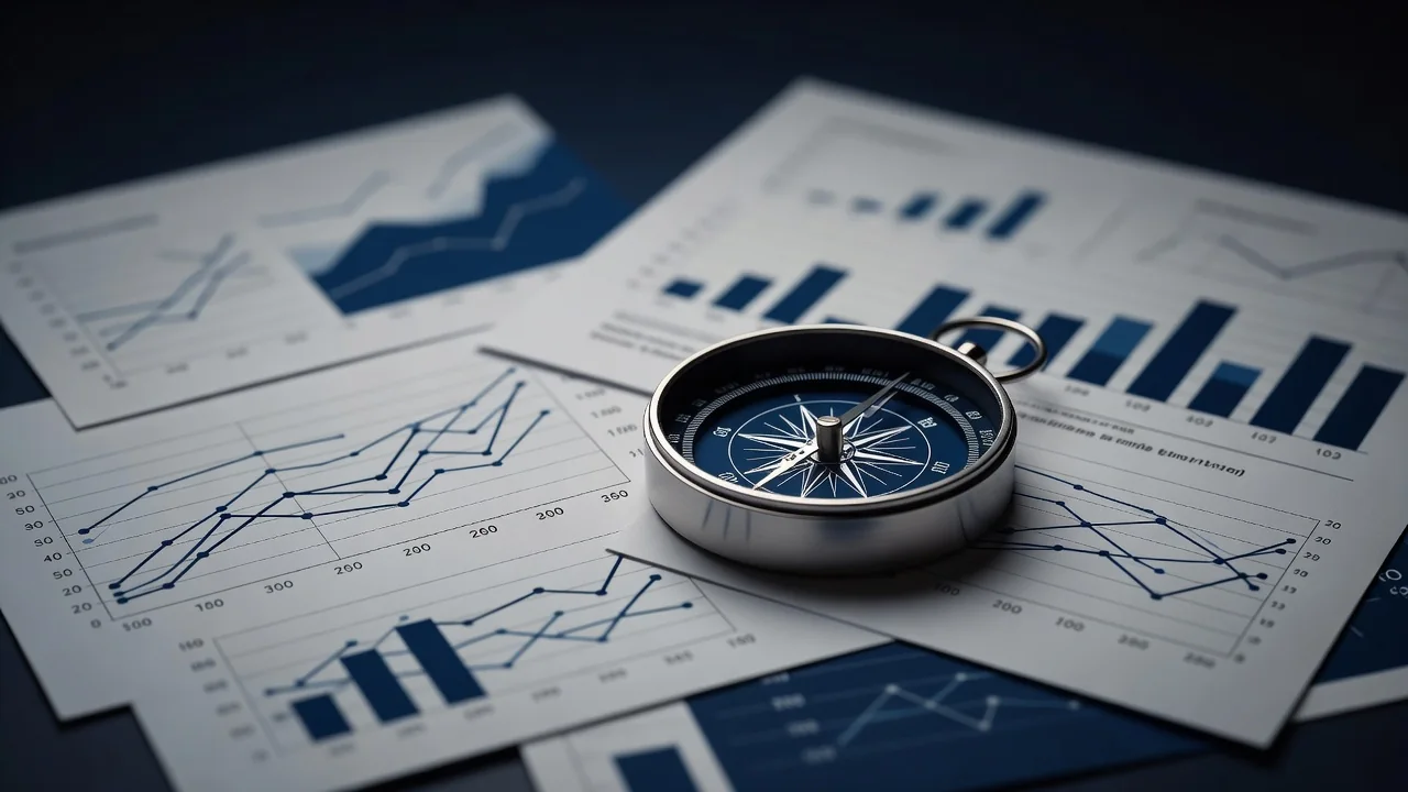 Bussola metallica appoggiata su fogli con diagrammi finanziari